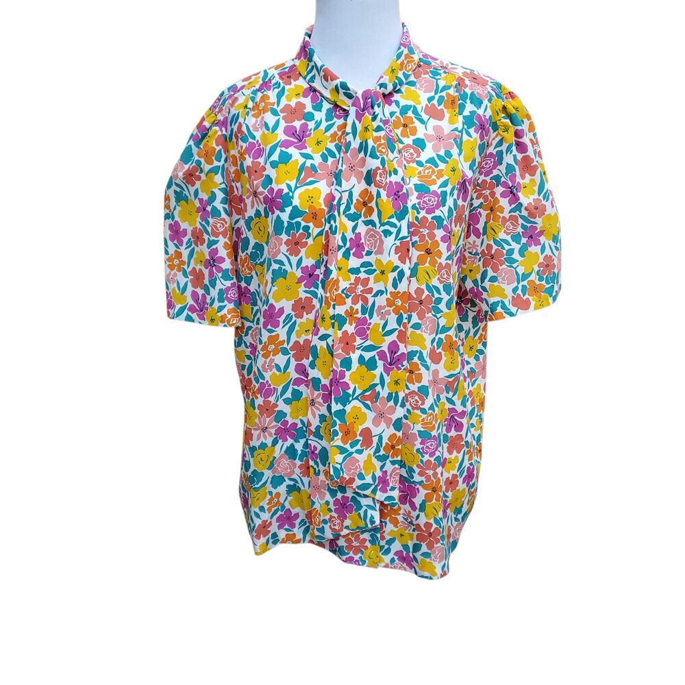 Vintage 70s Bold Floral Tie Neck Button Down Top Colorful Rhoda Lee Fits a L